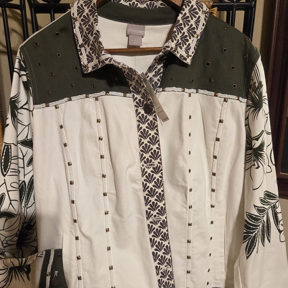 Chico's Green and White Canvas Jacket